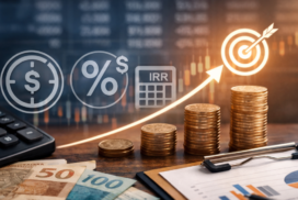 Análise financeira de investimentos com gráficos, moedas empilhadas e indicadores de retorno e viabilidade de projetos.