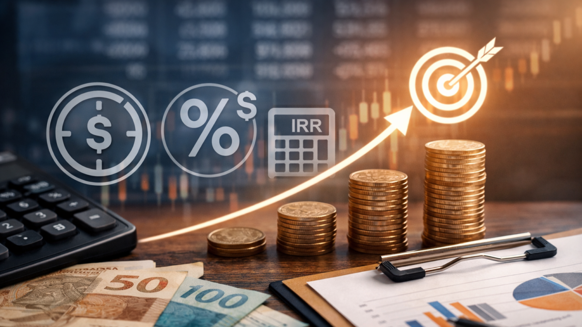 Análise financeira de investimentos com gráficos, moedas empilhadas e indicadores de retorno e viabilidade de projetos.