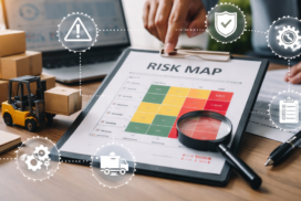 Mapa de riscos logísticos com matriz de risco, lupa destacando risco alto e elementos de transporte e armazenagem