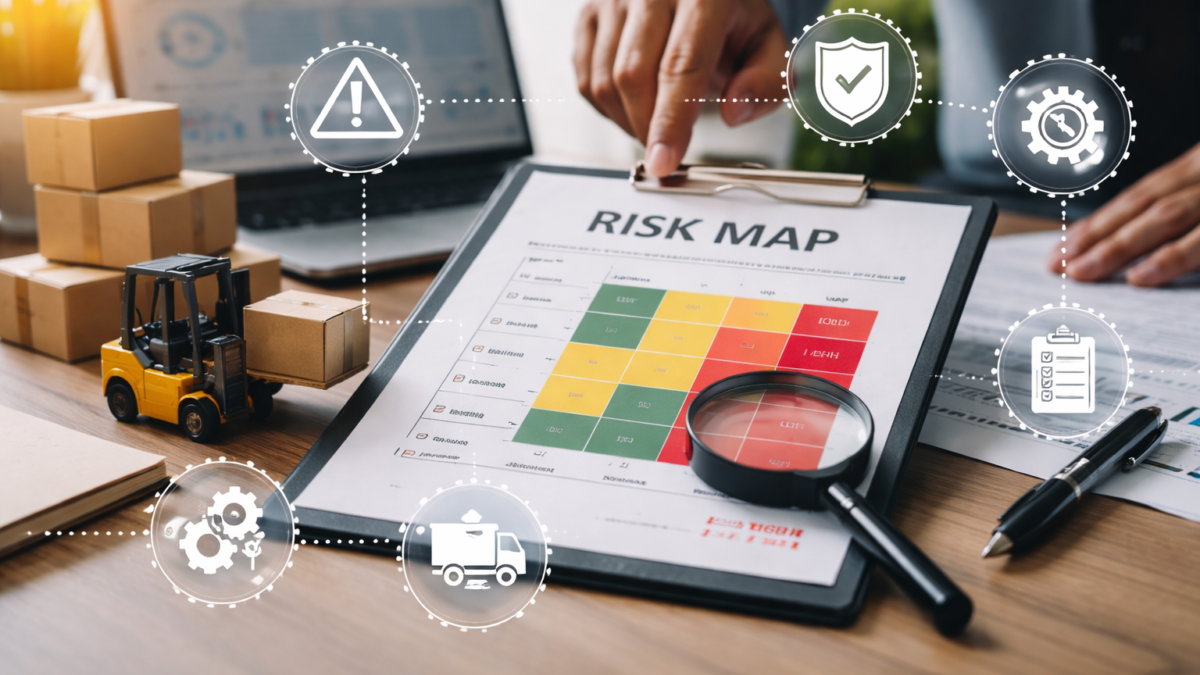 Mapa de riscos logísticos com matriz de risco, lupa destacando risco alto e elementos de transporte e armazenagem