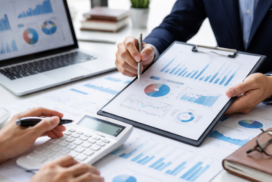 Análise de orçamento empresarial com gráficos financeiros, planilhas e calculadora sobre mesa de escritório.