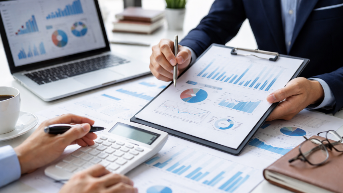 Análise de orçamento empresarial com gráficos financeiros, planilhas e calculadora sobre mesa de escritório.