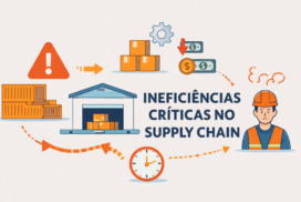 Ilustração simples de supply chain com armazém, caixas, alerta, relógio e operador, representando gargalos, atrasos e custos operacionais.
