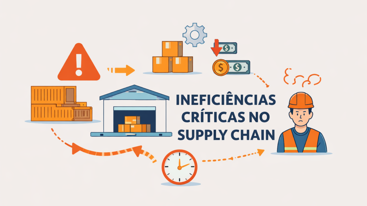 Ilustração simples de supply chain com armazém, caixas, alerta, relógio e operador, representando gargalos, atrasos e custos operacionais.