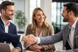 Profissionais em reunião apertando as mãos representando parceria comercial e crescimento empresarial