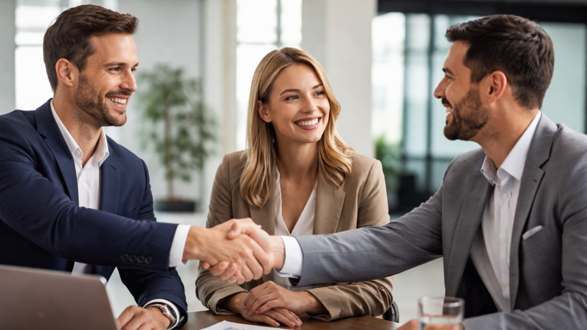 Profissionais em reunião apertando as mãos representando parceria comercial e crescimento empresarial