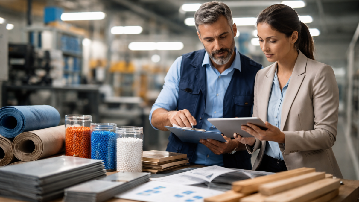Profissionais analisando materiais e custos de produção em ambiente industrial