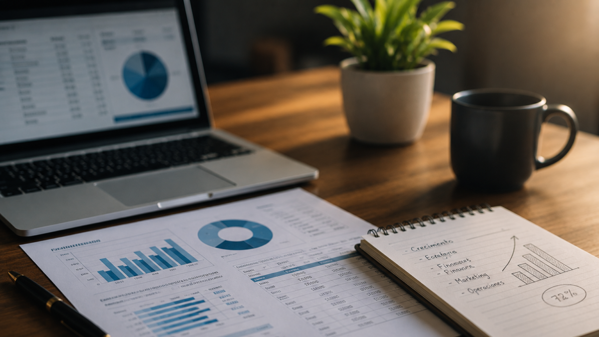 Mesa de escritório com notebook, gráficos financeiros, relatórios empresariais e anotações sobre crescimento e avaliação de empresas.