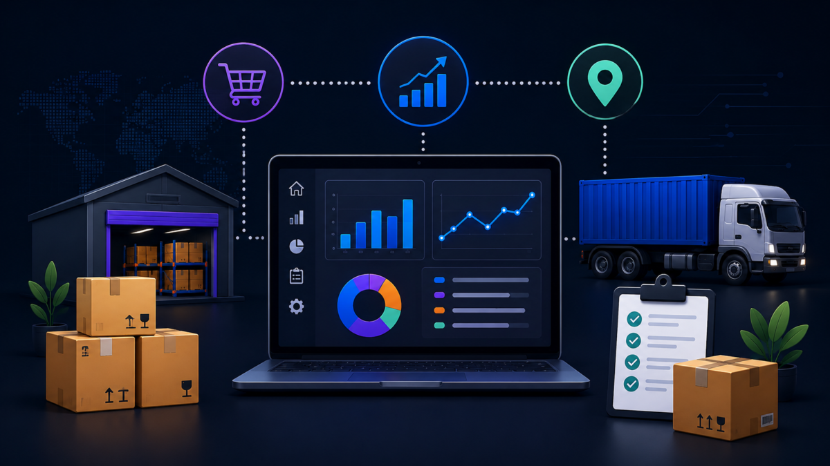 Dashboard de supply chain orientado por dados com indicadores logísticos, estoque, transporte e análise estratégica.