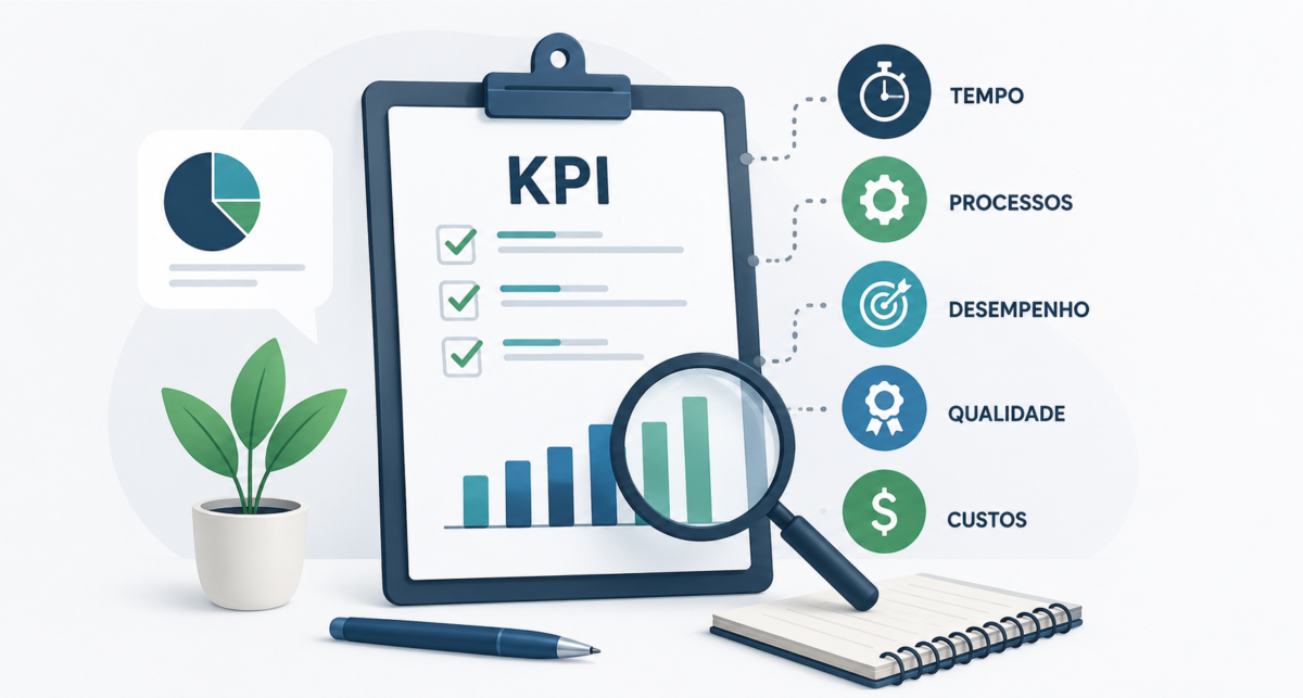 Ilustração de análise de KPIs operacionais com gráficos, checklist e indicadores de desempenho, tempo, processos, qualidade e custos.