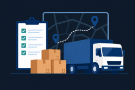 Ilustração de gestão de transportes orientada por dados com caminhão, caixas, checklist e mapa de rotas em fundo escuro.