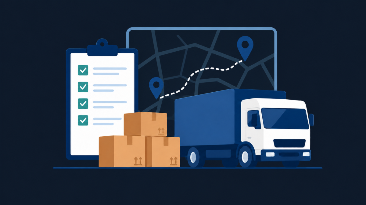 Ilustração de gestão de transportes orientada por dados com caminhão, caixas, checklist e mapa de rotas em fundo escuro.