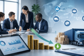 Equipe corporativa analisando dados de compras, cadeia de suprimentos e redução de custos com Strategic Sourcing