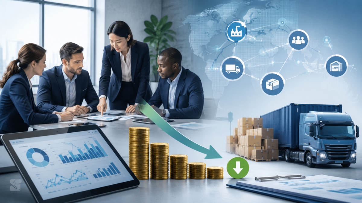 Equipe corporativa analisando dados de compras, cadeia de suprimentos e redução de custos com Strategic Sourcing