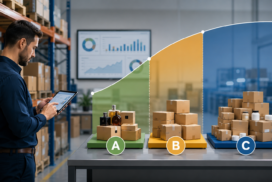 Imagem ilustrativa sobre curva ABC aplicada ao controle de estoque, com produtos organizados por categorias A, B e C em um ambiente de armazenagem.
