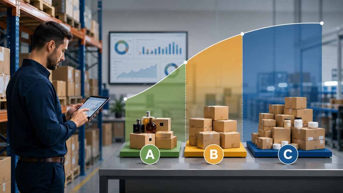 Imagem ilustrativa sobre curva ABC aplicada ao controle de estoque, com produtos organizados por categorias A, B e C em um ambiente de armazenagem.