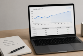 Notebook exibindo gráfico de previsão de demanda com IA sobre mesa de trabalho, com caderno de anotações e caneca ao lado.