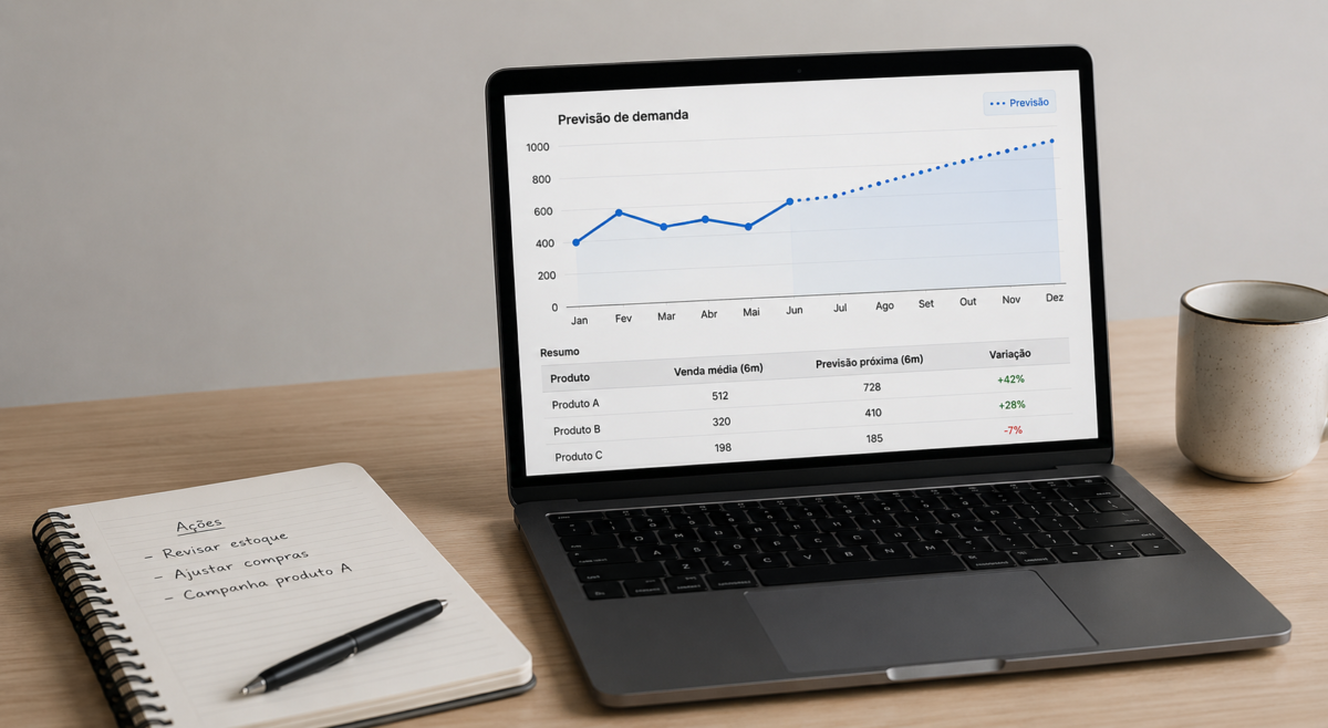 Notebook exibindo gráfico de previsão de demanda com IA sobre mesa de trabalho, com caderno de anotações e caneca ao lado.