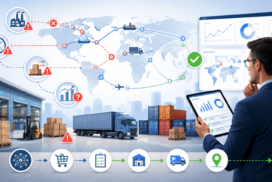 Ilustração sobre problemas no supply chain, com logística, estoque, transporte, fornecedores e análise de dados na cadeia de suprimentos.