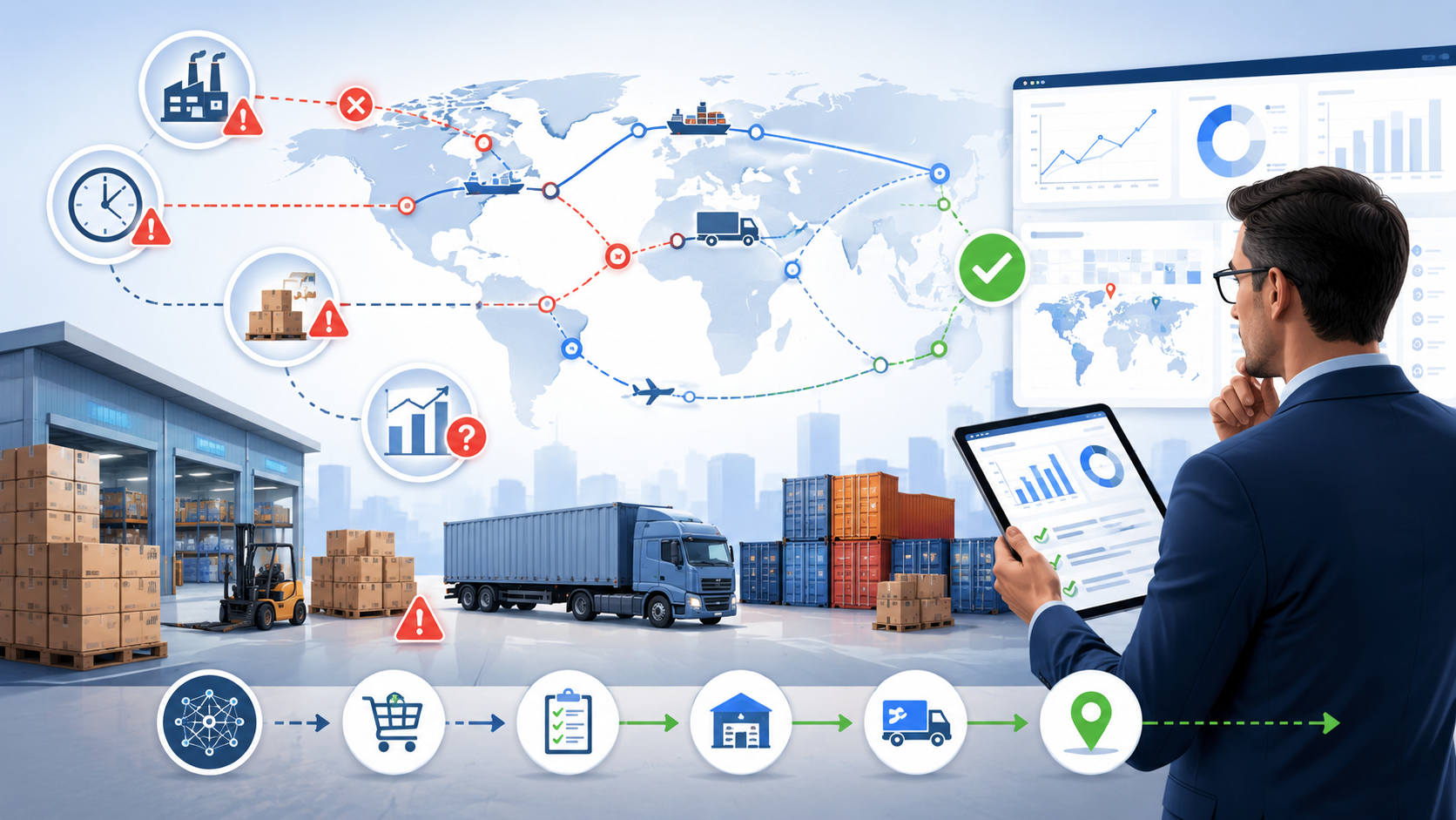 Ilustração sobre problemas no supply chain, com logística, estoque, transporte, fornecedores e análise de dados na cadeia de suprimentos.