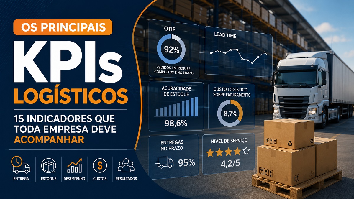 Painel com indicadores logísticos (KPIs) exibindo métricas como OTIF, Lead Time, acuracidade de estoque e nível de serviço ao lado de um caminhão e centro de distribuição.